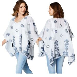 J. Jill Ocean Breeze Botanical Embroidered Poncho Top Kimono Women’s One Size